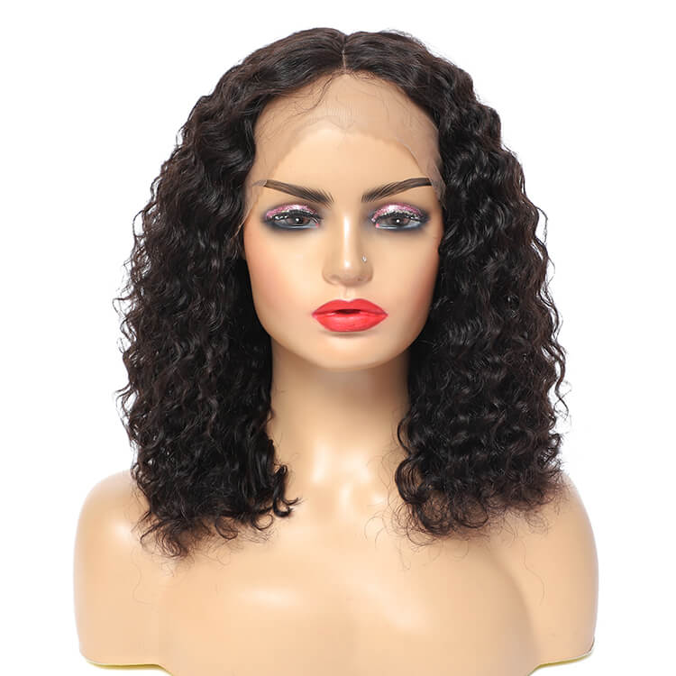 14in Deep Curly Bob Lace Wigs Middle T Part Human Hair Lace Front Wig - Morichy