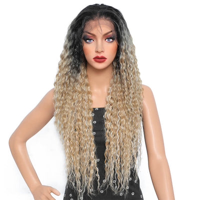 28in Morichy Water Wave Two Tone 13x6 Synthetic Lace Front Wig Light Ash Blonde Hair Color