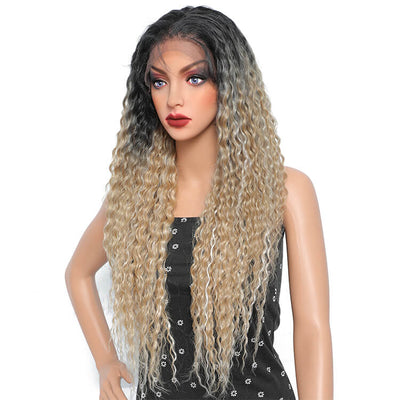 28in Morichy Water Wave Two Tone 13x6 Synthetic Lace Front Wig With Baby Hair Light Ash Blonde Hair Color