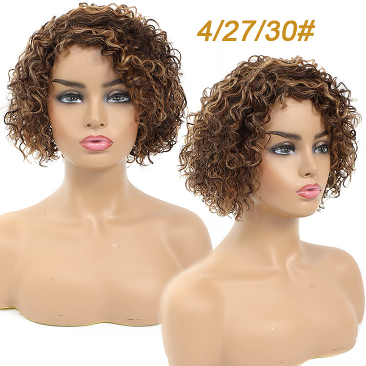 Hebe - Brazilian Curly Human Hair Ombre Brown Blonde Wigs, No Lace Short Curly Honey Blonde Haircuts - Morichy