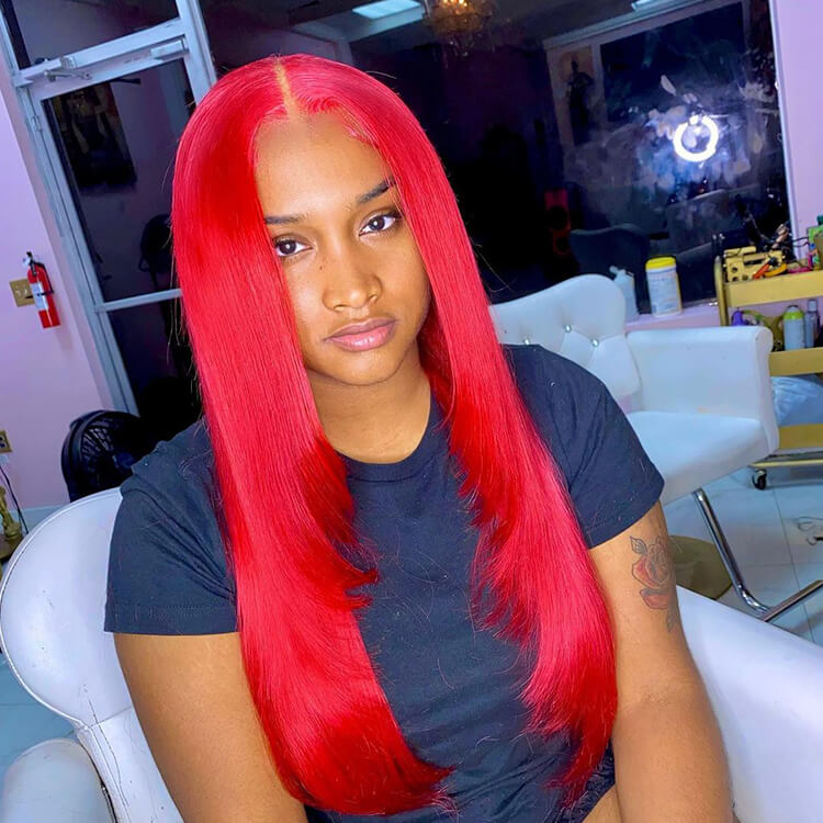 Hot Spicy Red Silky Straight Virgin Human Hair Transparent HD Lace Front Wigs