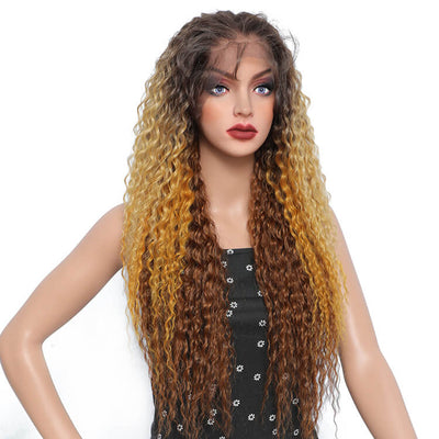 Morichy 28in Water Wave Synthetic Hair 13x6 Lace Front Wig Ombre Brown Blonde Wet and Wavy Wigs