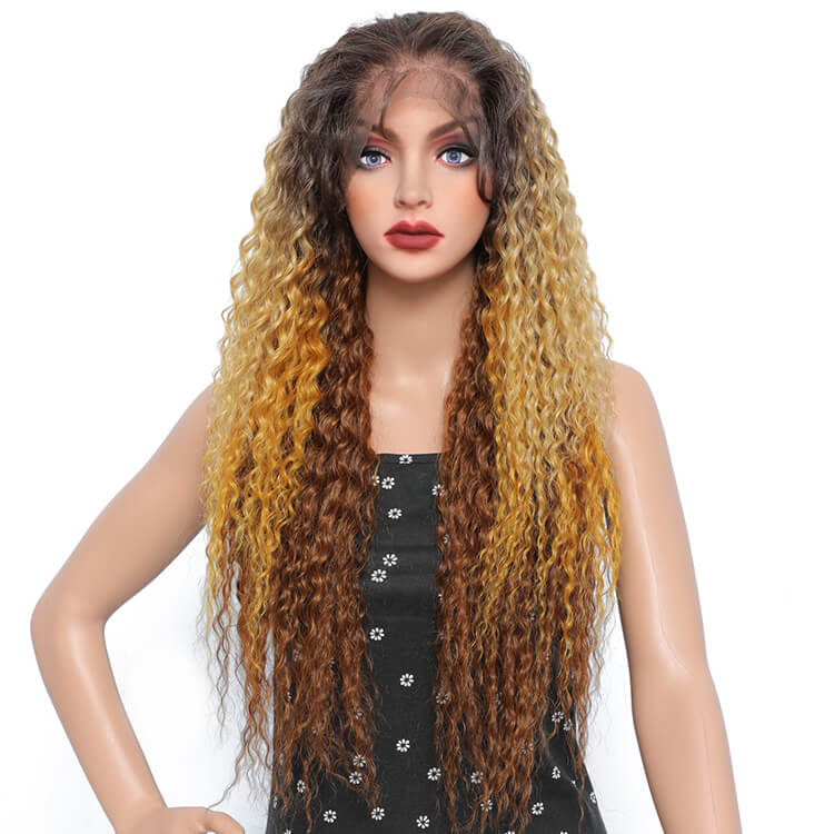 Morichy 28in Water Wave Synthetic Hair 13x6 Lace Front Wig Ombre Brown Blonde Wet and Wavy Wigs