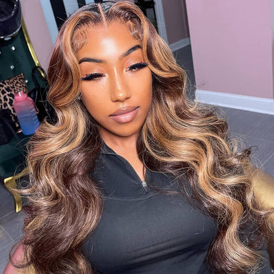 Morichy Body Wave Virgin Hair Honey Blonde Highlights 13x4 Transparent Lace Front Wig