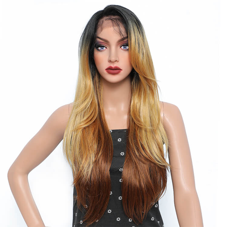 Morichy Chocolate Brown Blonde Synthetic Hair 13x6 Lace Front Wigs Pre Plucked With Baby Hair Natural Wave