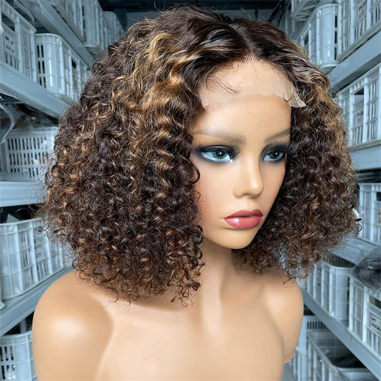 Morichy Color 427 Curly 4x4 Lace Closure Wig Short Bob Human Hair Wigs