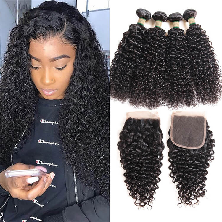 Morichy Curly Virgin Human Hair Weaves 4 Bundles with 4x4 Transparent Lace Closure