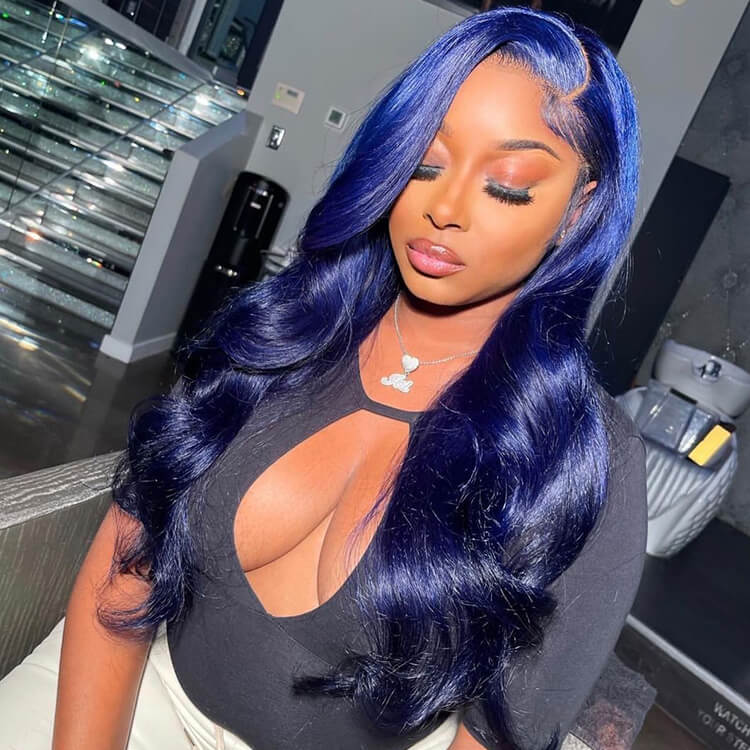 Morichy Royal Blue Human Hair Wig Body Wave Transparent Lace Front Wig