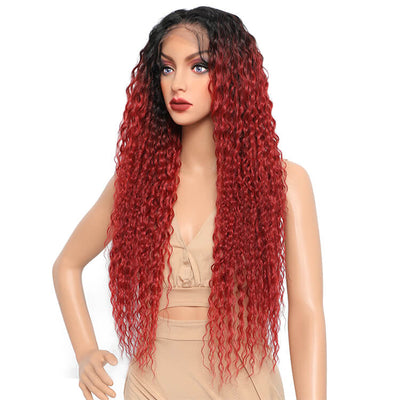 Morichy Ombre Burgundy Red Synthetic Lace Front Wig 28in Heat Resistant Fiber Water Wave 13x6 Wigs