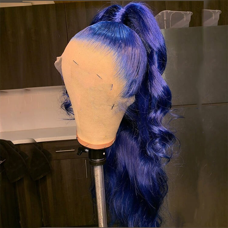 Morichy Royal Blue Human Hair Wig Body Wave Transparent Lace Front Wig