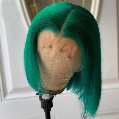 Morichy Short Human Hair Dark Green Transparent Lace Front Wig