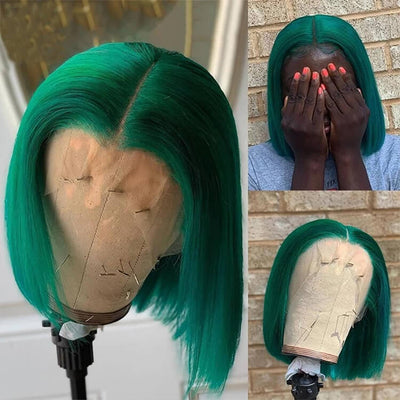 Morichy Short Human Hair Dark Green Transparent Lace Front Wig