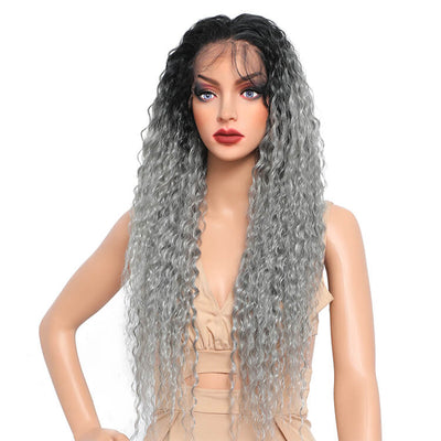 Morichy Silver Grey Ombre Synthetic Curly Hair 13x6 Lace Front Wigs 28in