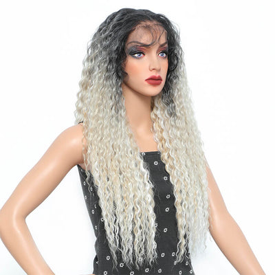 Morichy Two Tone Ombre Water Wave Platinum Beige Blonde Curly Hair 13x6 Lace Front Synthetic Wig
