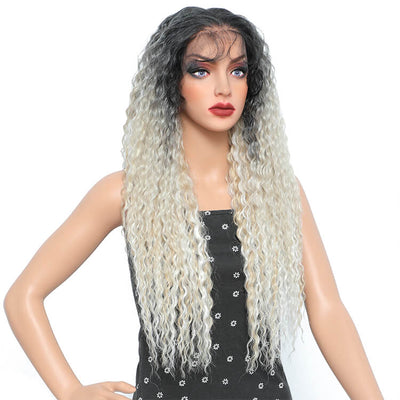 Morichy Two Tone Icy White Blonde Curly Hair 13x6 Lace Front Wigs Ombre Water Wave Synthetic Wig 28in