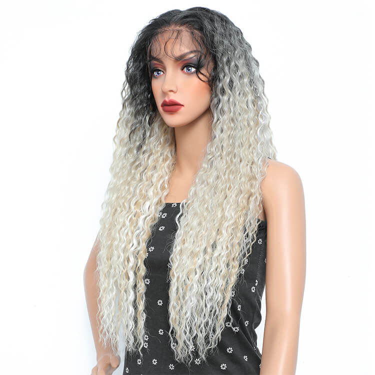 Morichy Two Tone Platinum Icy White Blonde Curly Hair 13x6 Lace Front Wigs Ombre Water Wave Synthetic Wig 28in