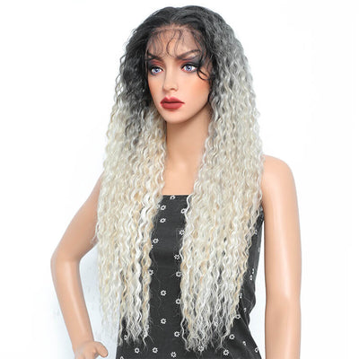 28in Morichy Two Tone Platinum Beige Blonde Curly Hair 13x6 Lace Front Wigs Ombre Water Wave Synthetic Wig