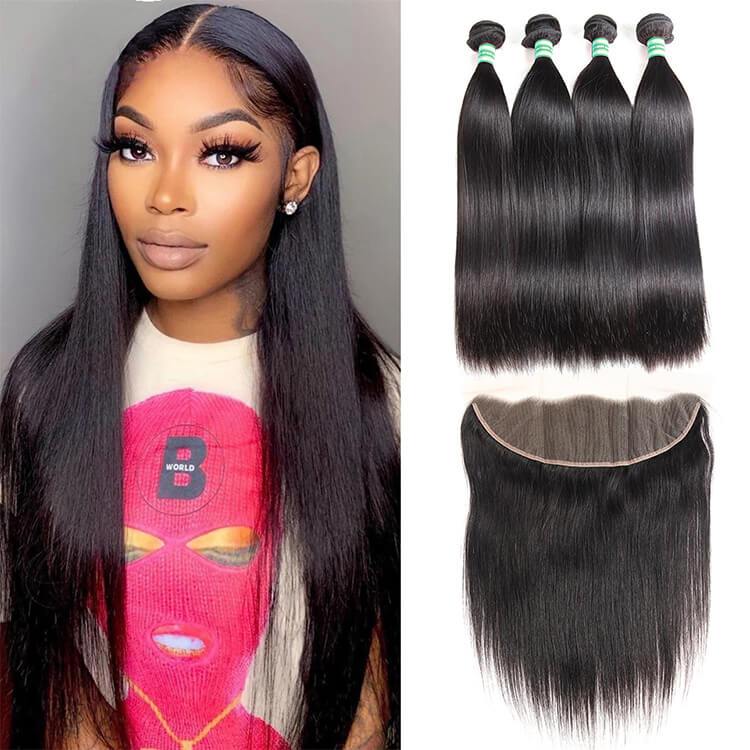Morichy Hair 4 Bundles With 13x4 Lace Frontal Straight Remy Virgin Human Hair