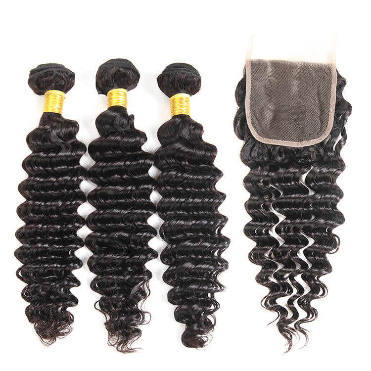 Afsisterwig - Deep Wave Brazilian Virgin Hair Weave Bundles With 4x4 Closure