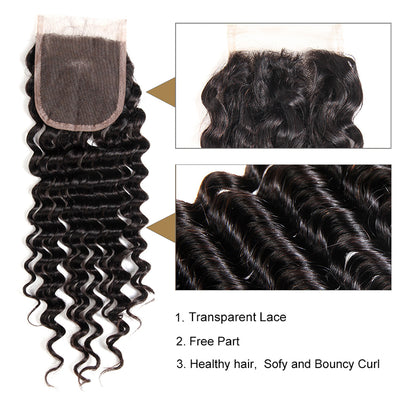 Morichy 3 Bundles Deep Wave Remy Virgin Human Hair With 4x4 Lace Closure