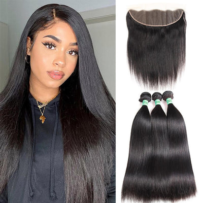 Morichy Straight Virgin Human Hair 3 Bundles With 13x4 Transparent Lace Frontal