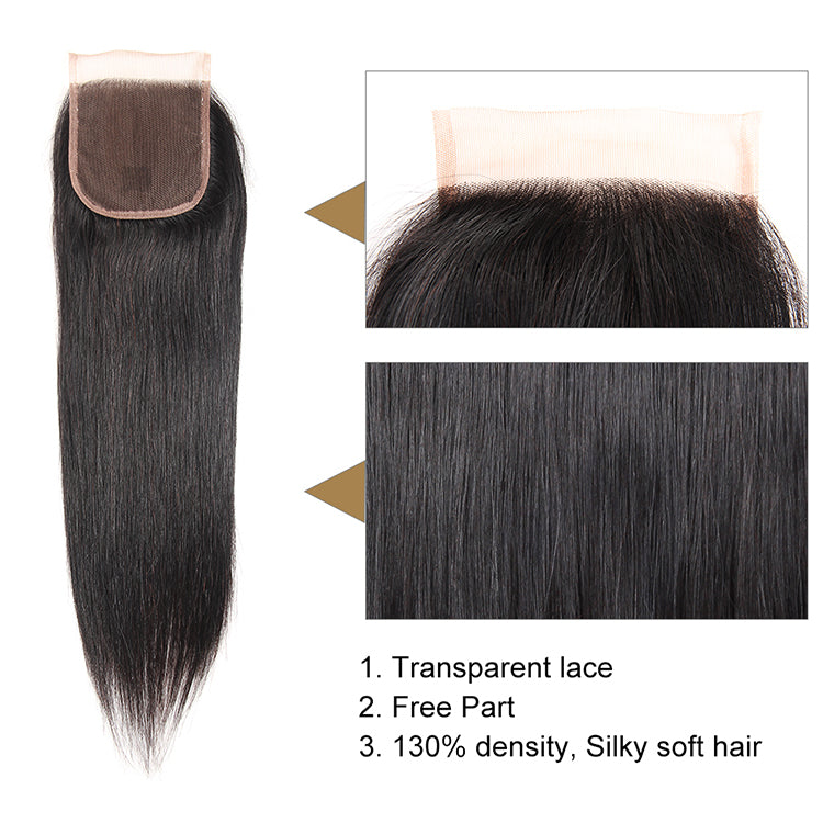 9A Morichy Silky Straight Virgin Human Hair 4 Bundles with 4x4 Transparent Lace Closure