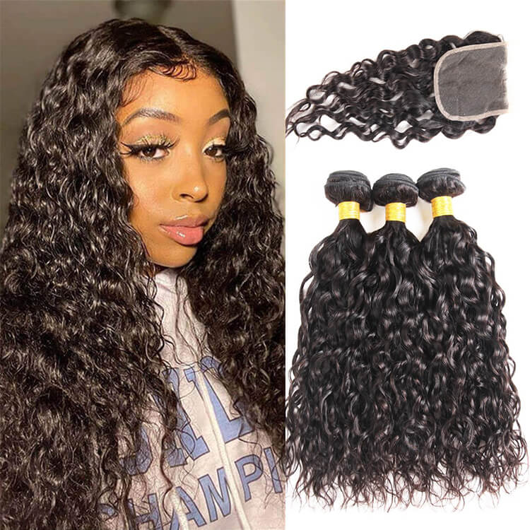 Morichy 3 Bundles With 4x4 Lace Closure Water Wave Remy Virgin Human Hair