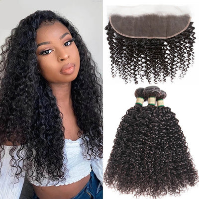 Morichy Curly Remy Virgin Hair 3 Bundles With Transparent 13x4 Lace Frontal Closure
