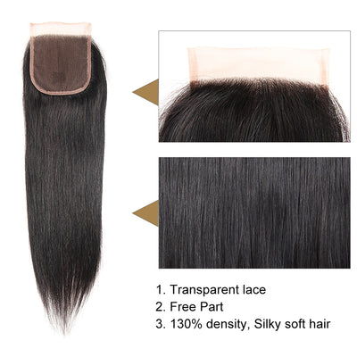Morichy 3 Bundles Straight Virgin Human Hair with Transparent 4x4 Lace Closure