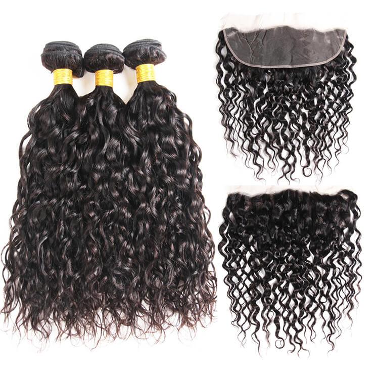 Morichy Water Wave 3 Bundles Human Virgin Hair wet n wavy With 13x4 Lace Frontal