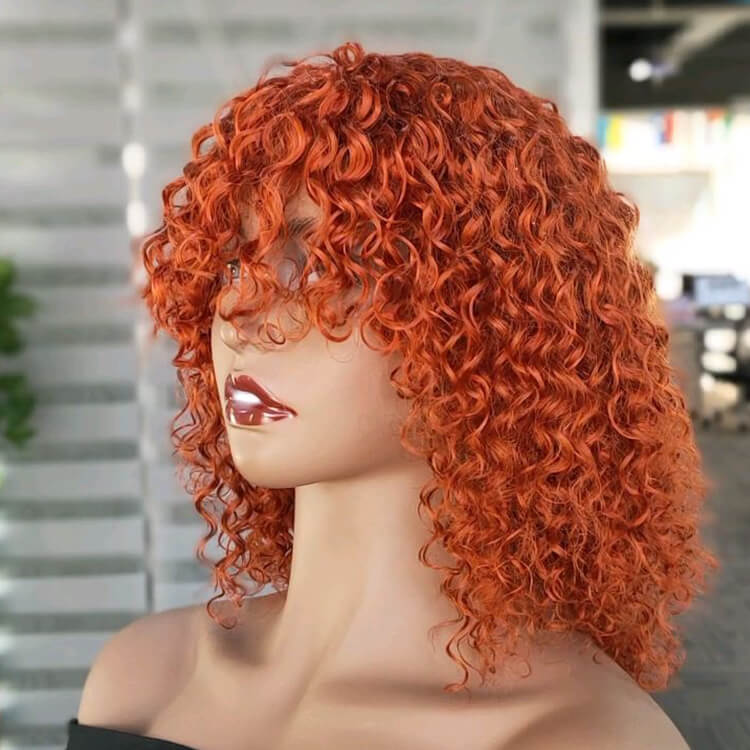Curly Ginger Orange Human Hair Short Bob Wig With Bangs