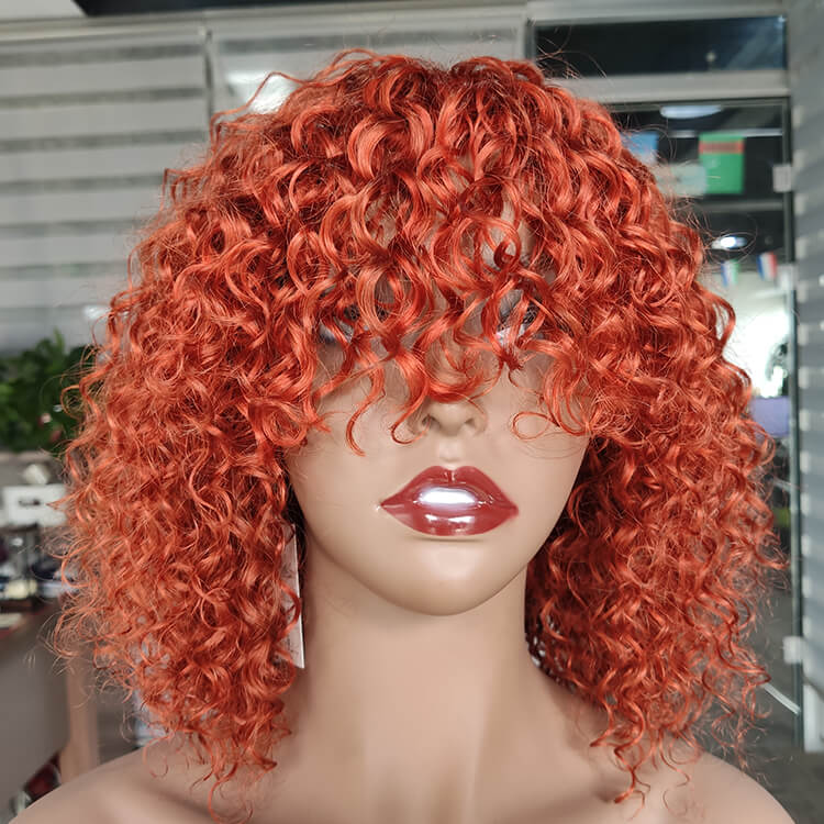 Curly Ginger Orange Human Hair Short Bob Wig With Bangs