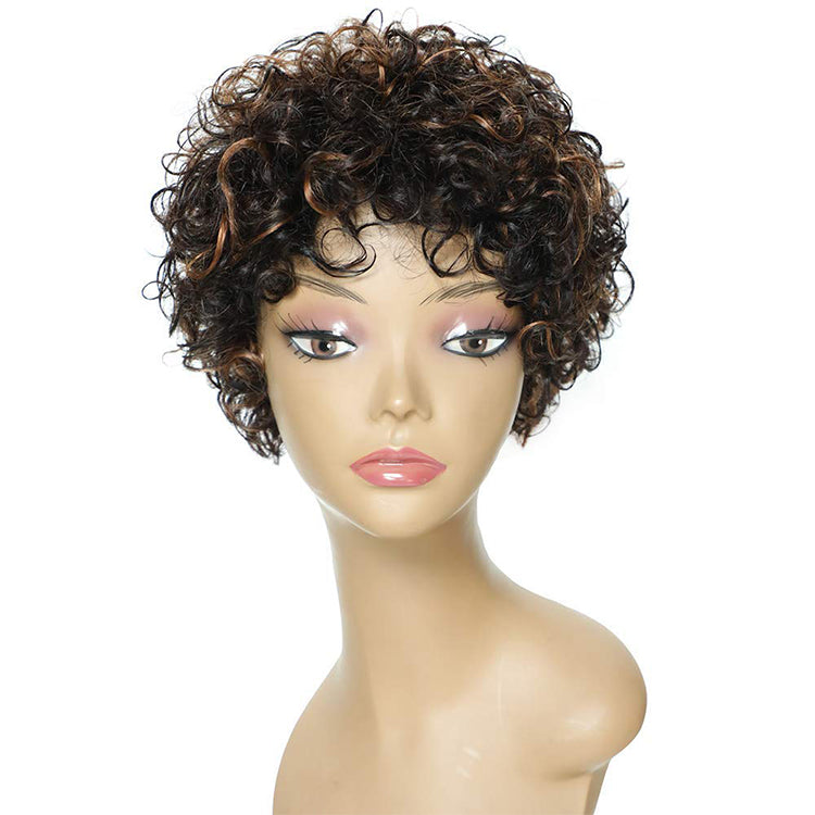 Short Human Hair Wigs Black Mix Medium Brown Highlight Color Wig for Mother